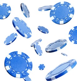 Image of Blue casino chips falling on white background