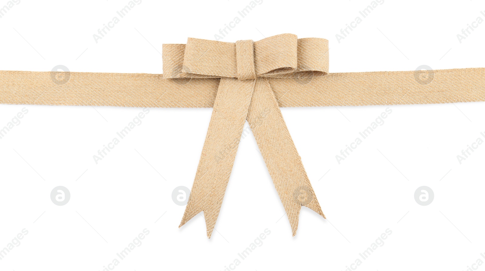 Photo of One beautiful burlap bow isolated on white, top view