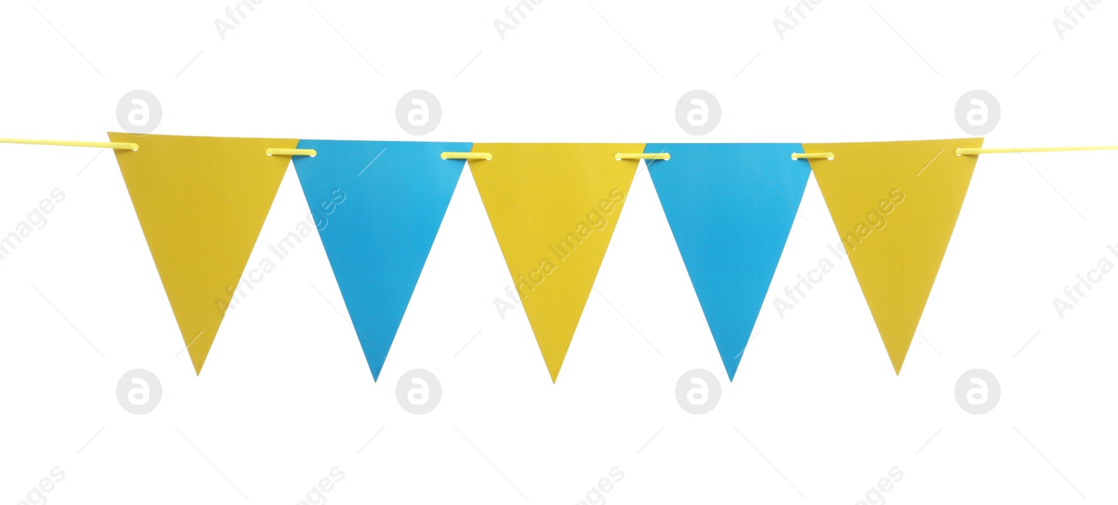 Photo of Triangular bunting flags on white background. Festive decor