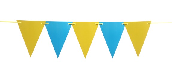 Triangular bunting flags on white background. Festive decor