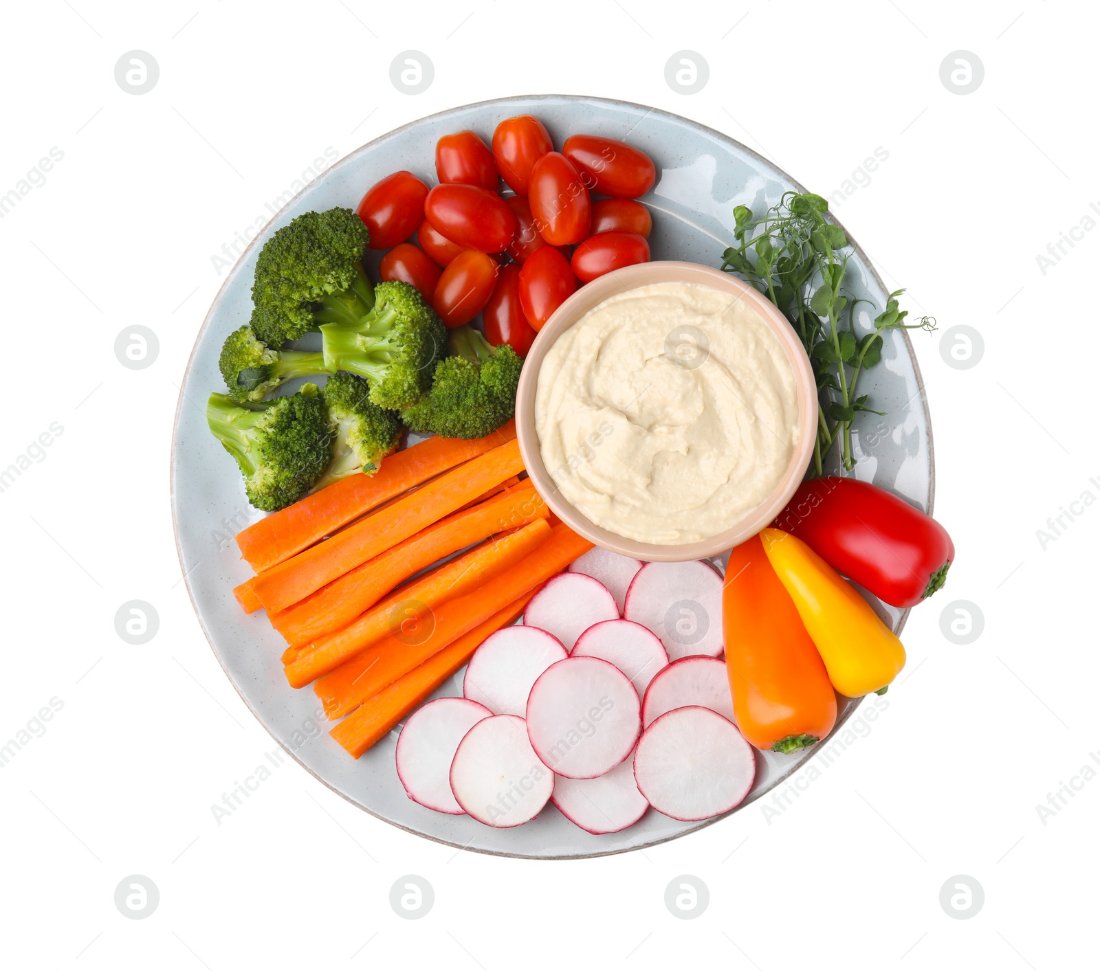 Photo of Plate with delicious hummus and fresh vegetables on white background, top view