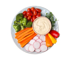 Photo of Plate with delicious hummus and fresh vegetables on white background, top view