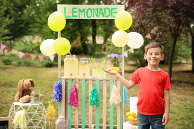 Little boy at lemonade stand in park