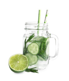 Natural lemonade with cucumber, lime and rosemary in mason jar on white background