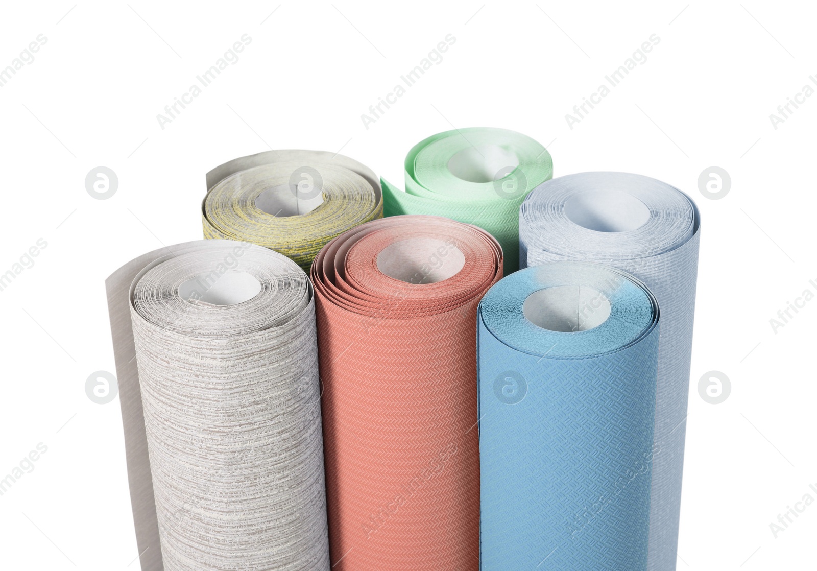 Image of Different colorful wallpaper rolls isolated on white