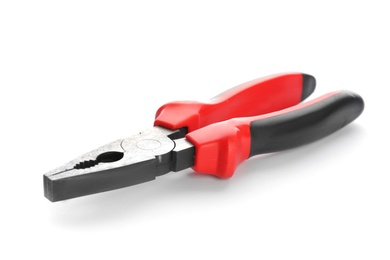 Photo of New pliers on white background. Plumber's tool