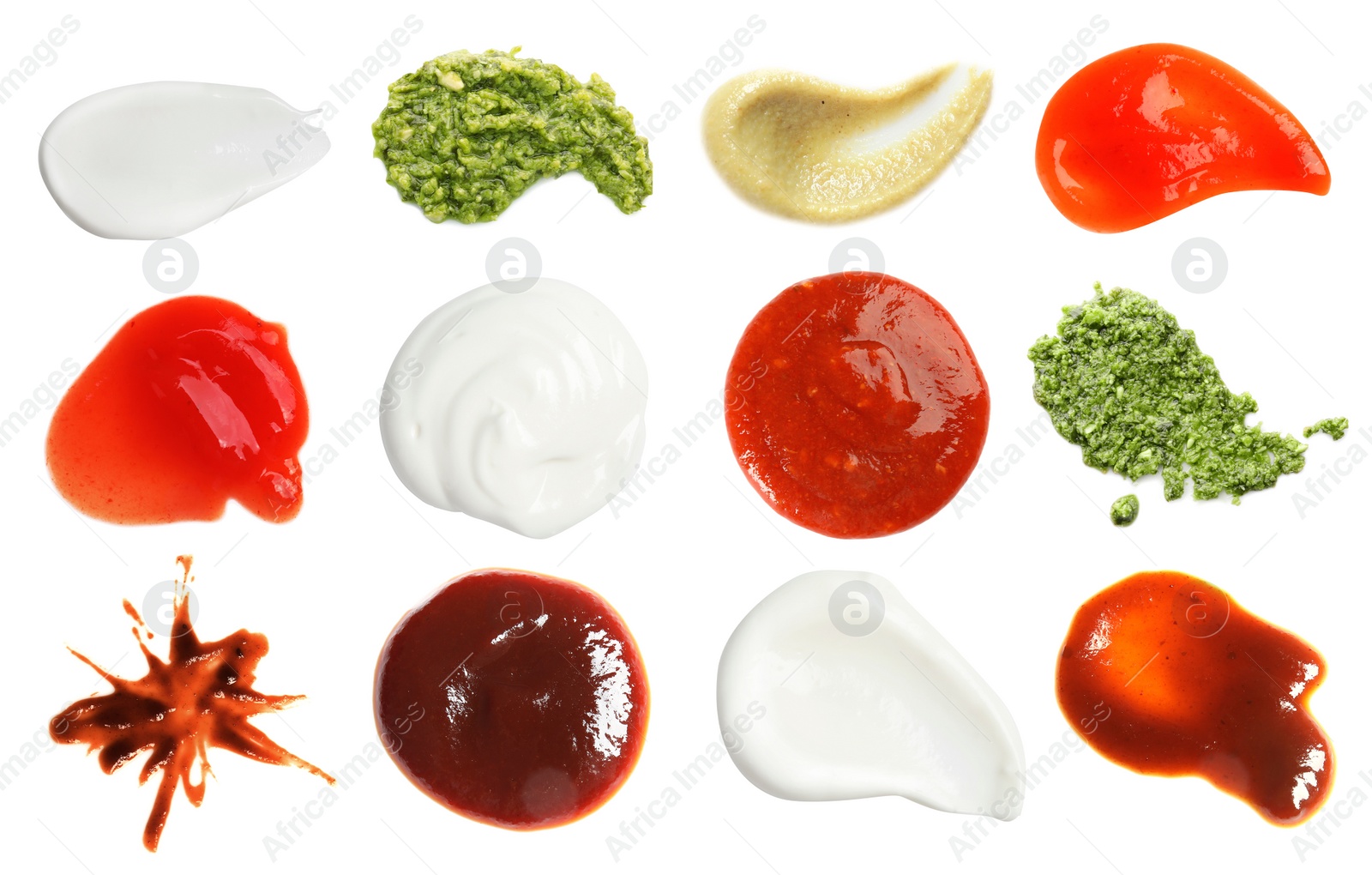 Image of Set with samples of different sauces on white background