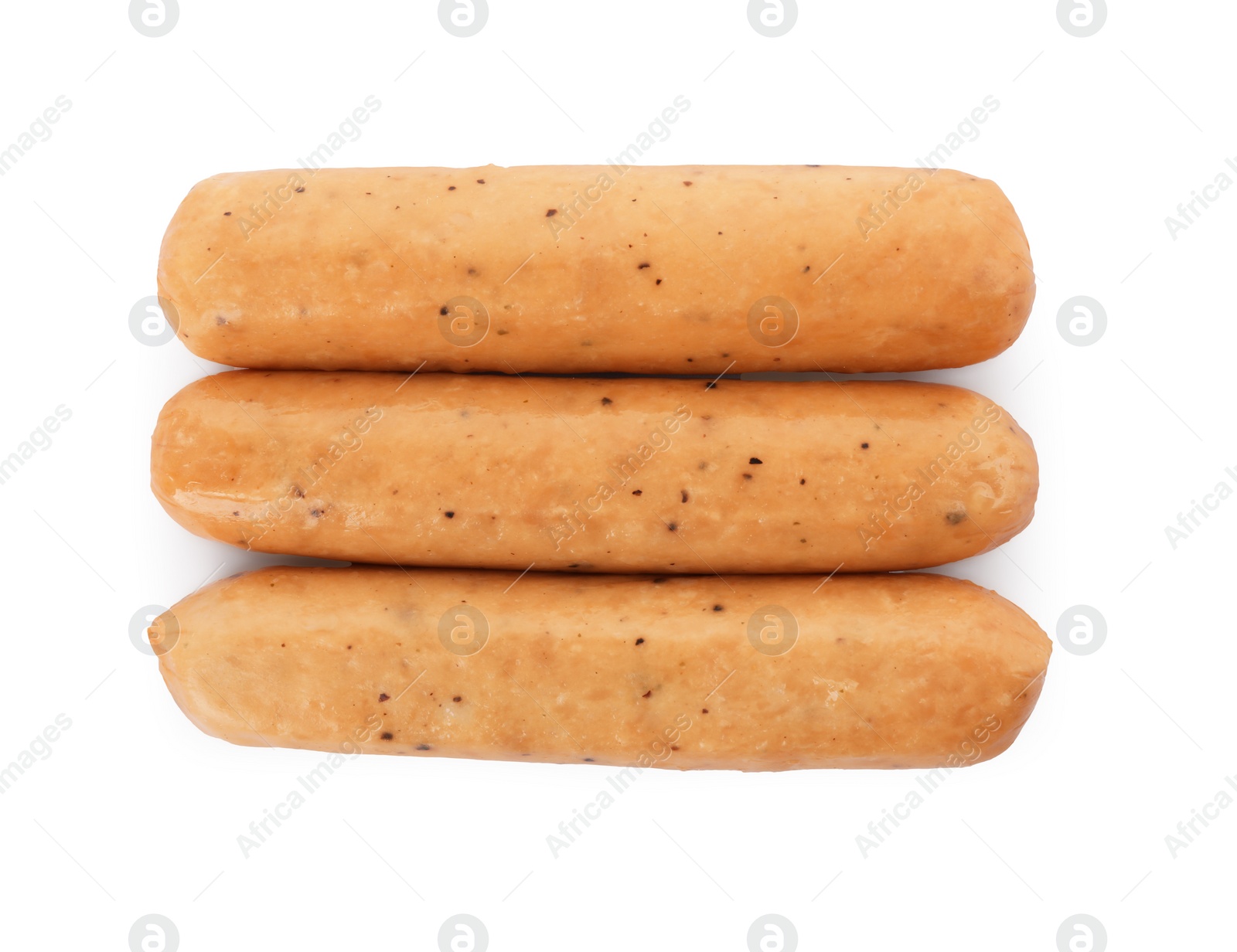 Photo of Raw sausages isolated on white, top view. Vegan meat product