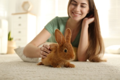 Young woman with adorable rabbit on floor indoors. Lovely pet