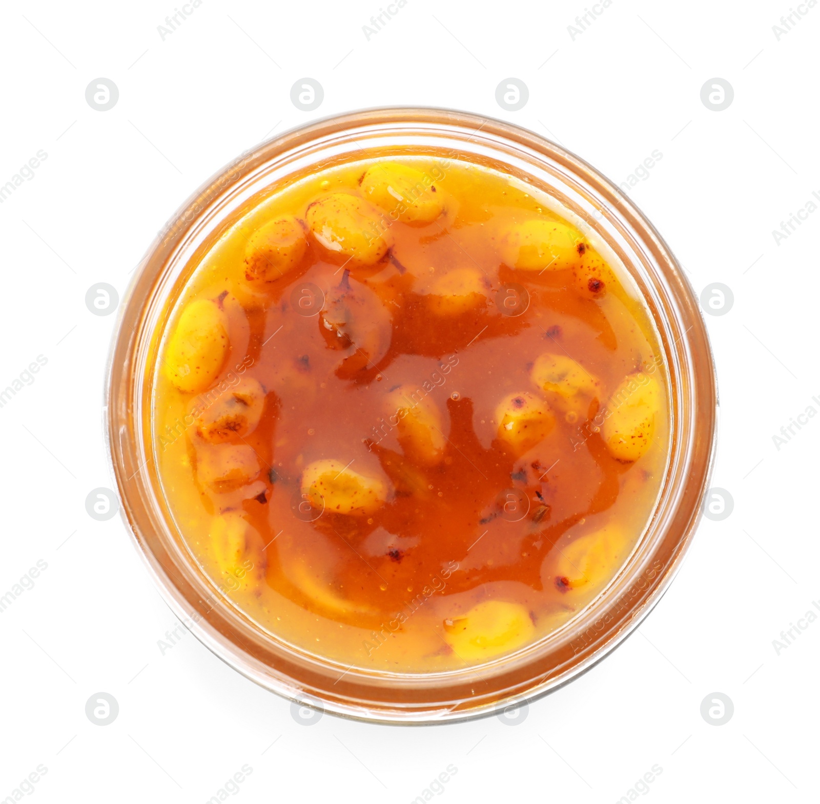 Photo of Delicious sea buckthorn jam in jar isolated on white, top view