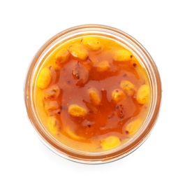 Photo of Delicious sea buckthorn jam in jar isolated on white, top view