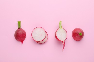 Fresh ripe radish on pink background, flat lay