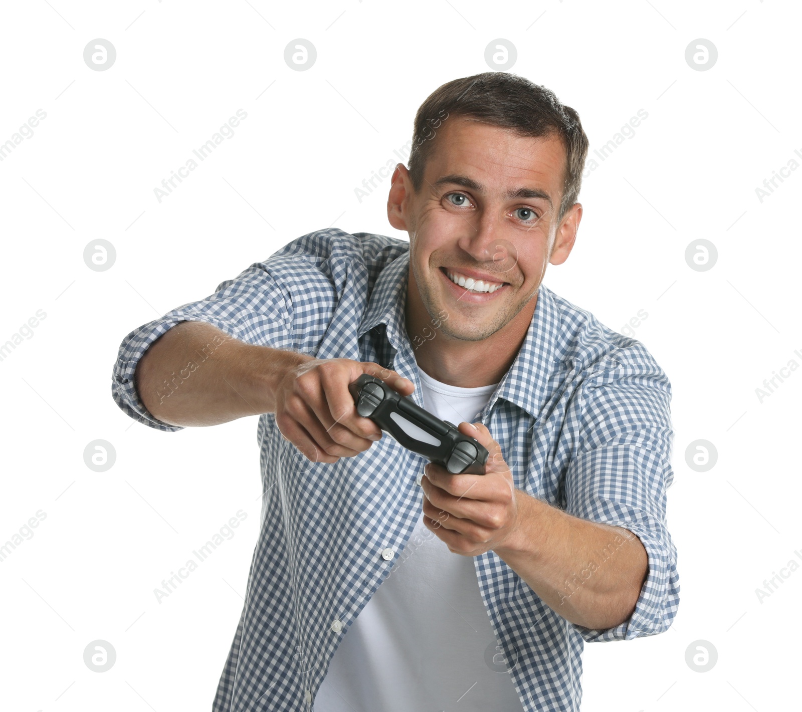 Photo of Happy man playing video games with controller on white background