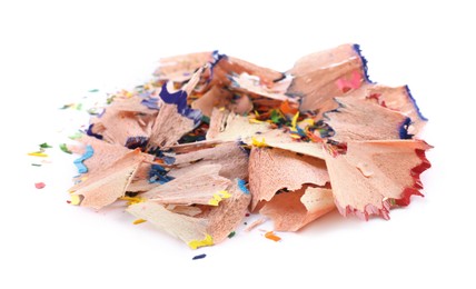 Photo of Heap of colorful pencil shavings on white background