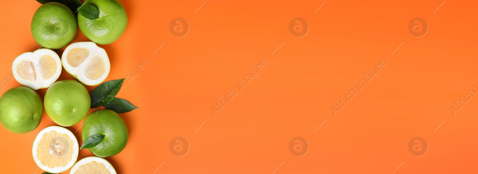 Image of Fresh ripe sweeties and green leaves on orange background, flat lay with space for text. Banner design