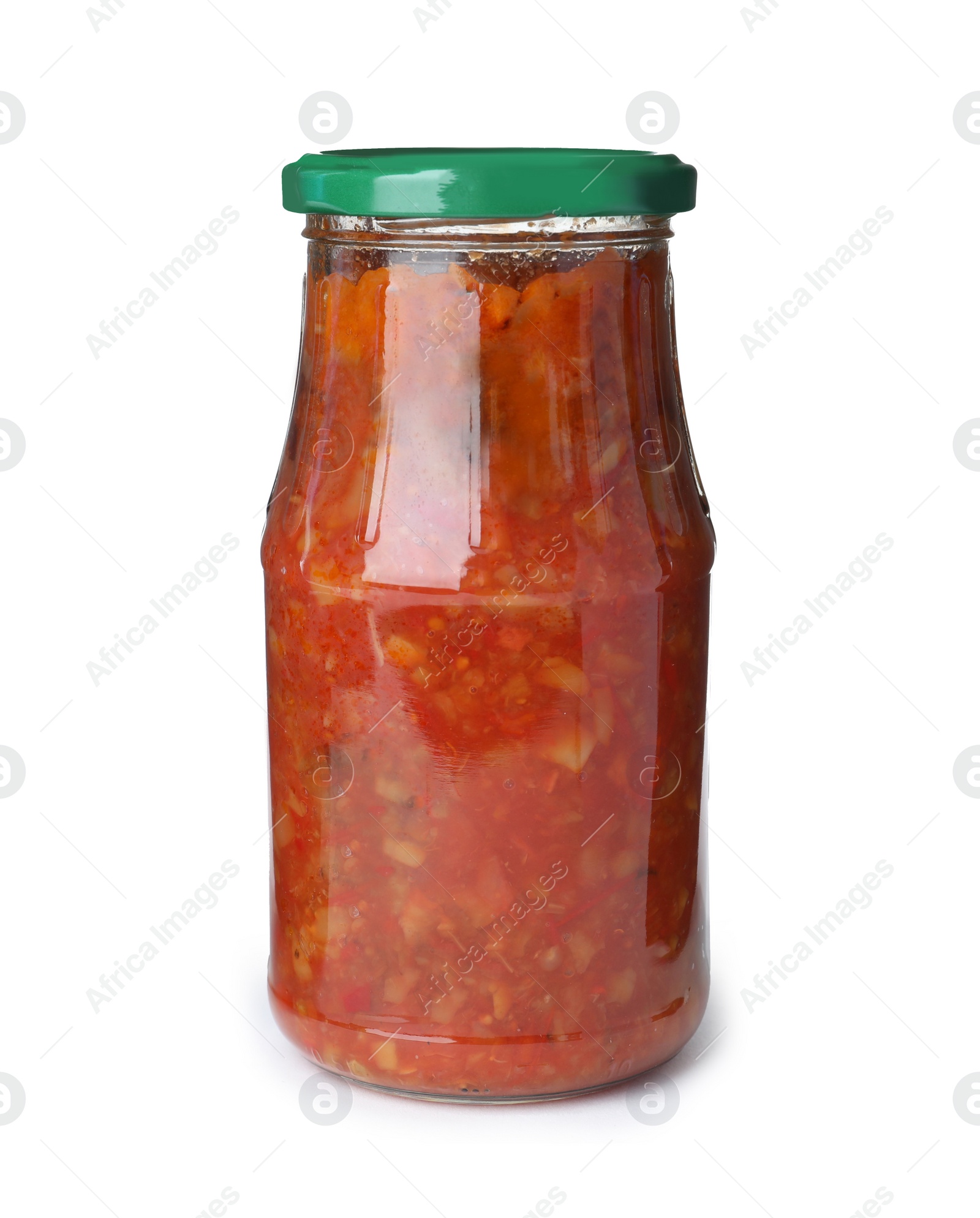 Photo of Glass jar with pickled red sauce isolated on white