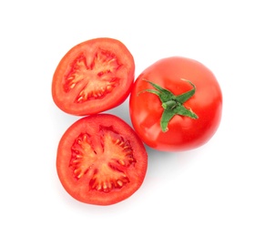 Photo of Fresh ripe tomatoes on white background, top view