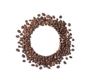 Frame made of roasted coffee beans on white background, top view