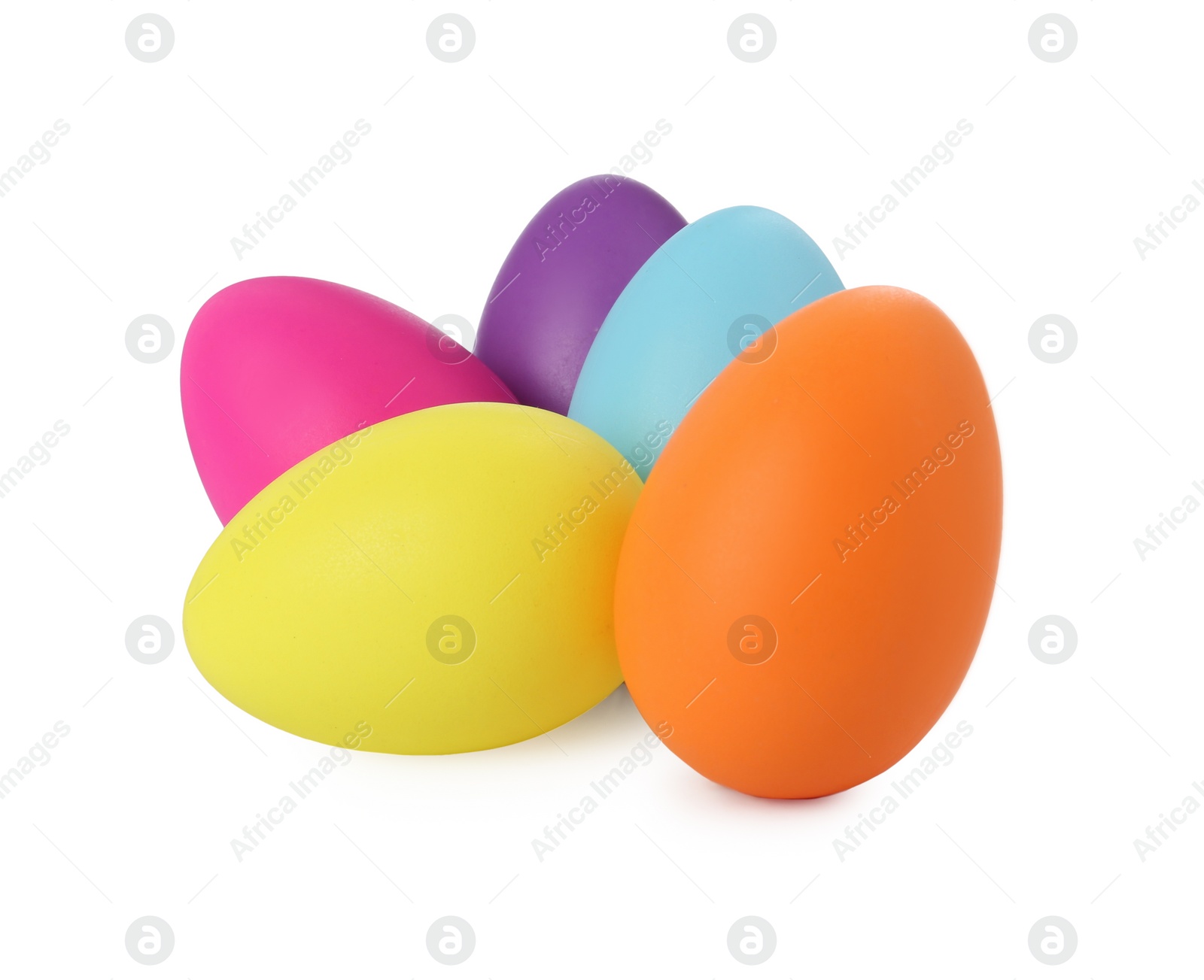 Photo of Many colorful painted eggs on white background