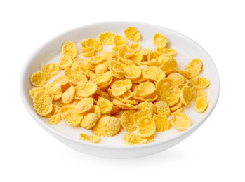 Photo of Breakfast cereal. Corn flakes and milk in bowl isolated on white