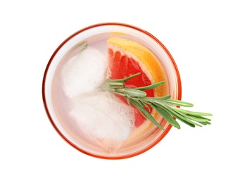 Photo of Glass of refreshing grapefruit cocktail with rosemary on white background, top view
