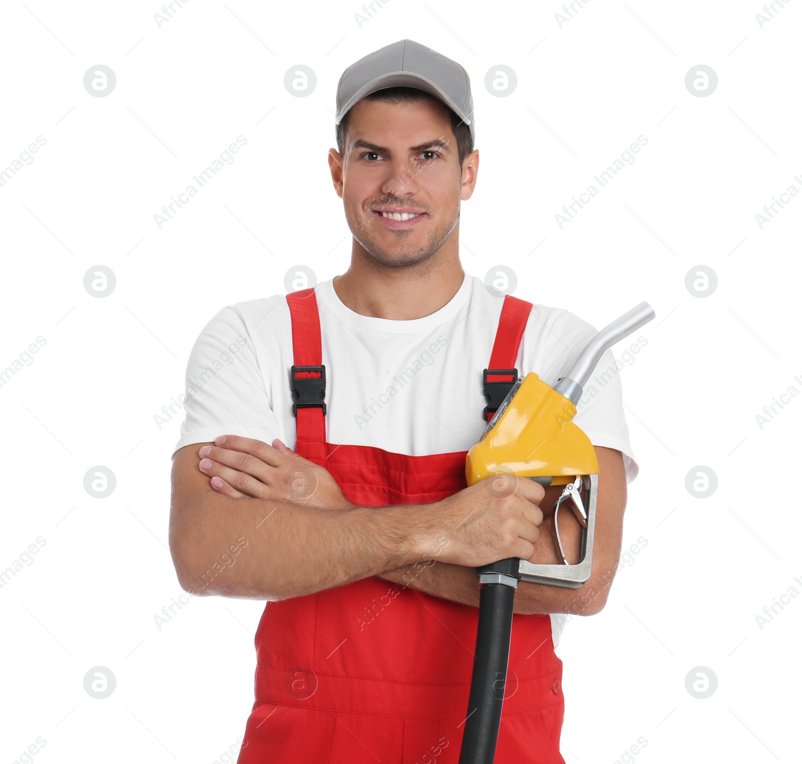 Photo of Gas station worker with fuel nozzle on white background