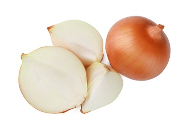 Whole and cut onions on white background, top view