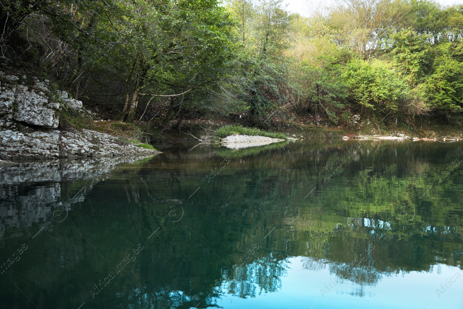 Photo of Picturesque view of rocky pond shore in park