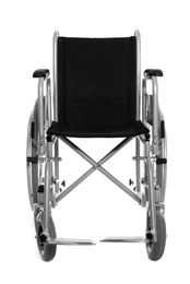 Photo of New modern empty wheelchair on white background