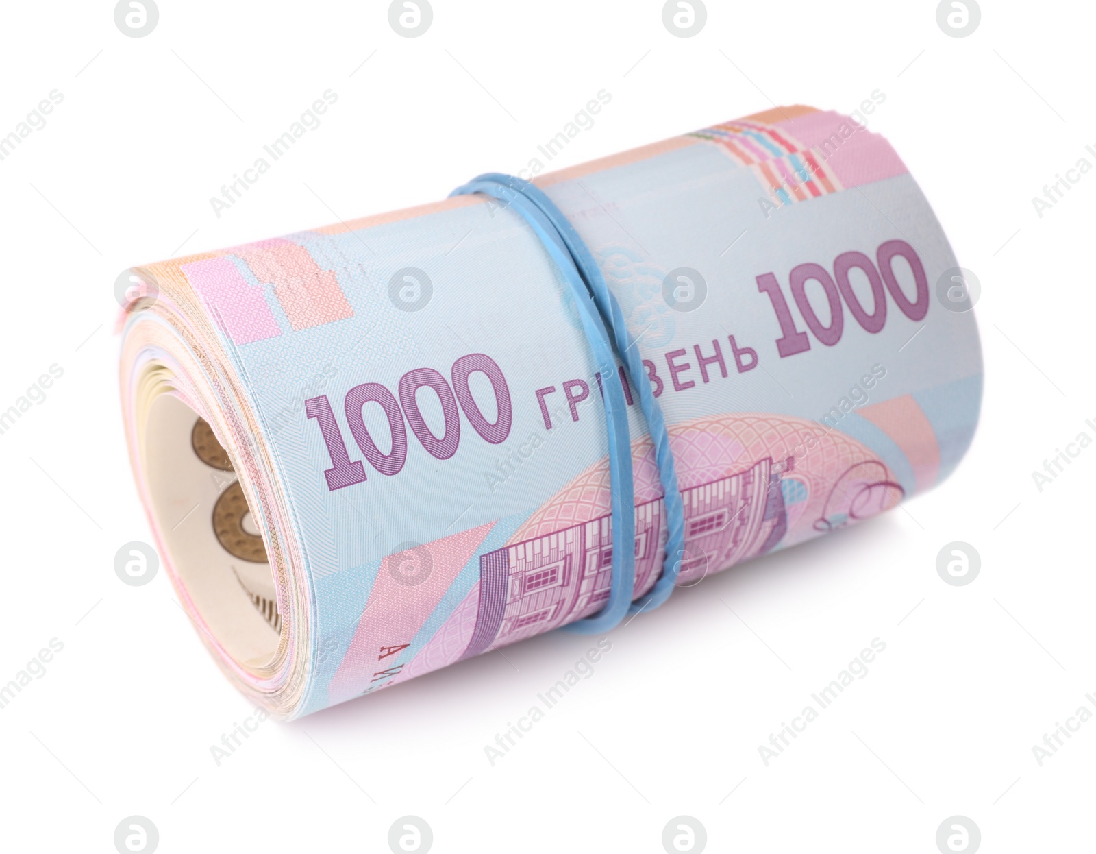 Photo of Roll of Ukrainian money on white background