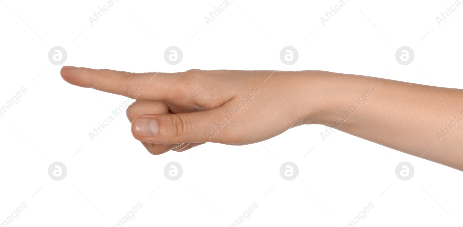 Photo of Woman pointing at something on white background, closeup of hand