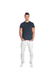 Young man in t-shirt on white background. Mockup for design