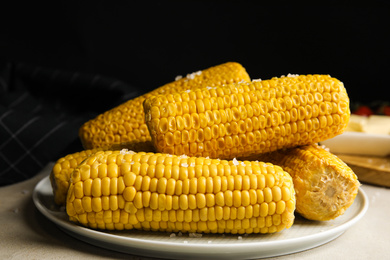 Delicious boiled corn with salt on table