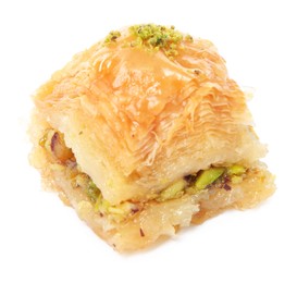 Photo of Piece of delicious baklava with pistachios isolated on white