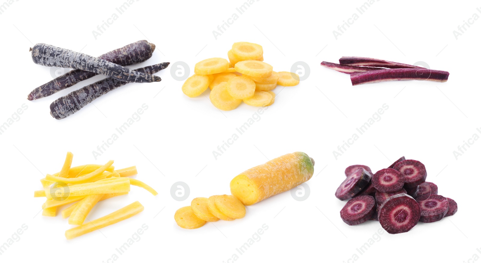 Image of Set of different carrots on white background, banner design