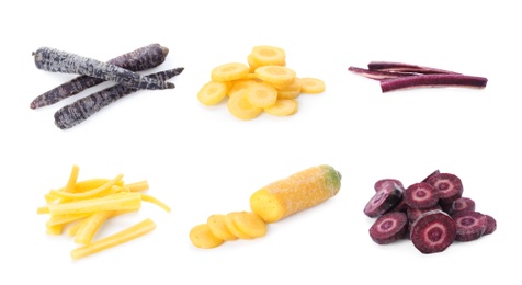 Image of Set of different carrots on white background, banner design