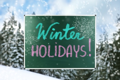 Text Winter Holidays on school chalkboard against blurred snowy forest