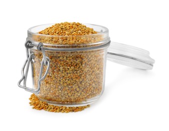 Photo of Fresh bee pollen granules in jar isolated on white