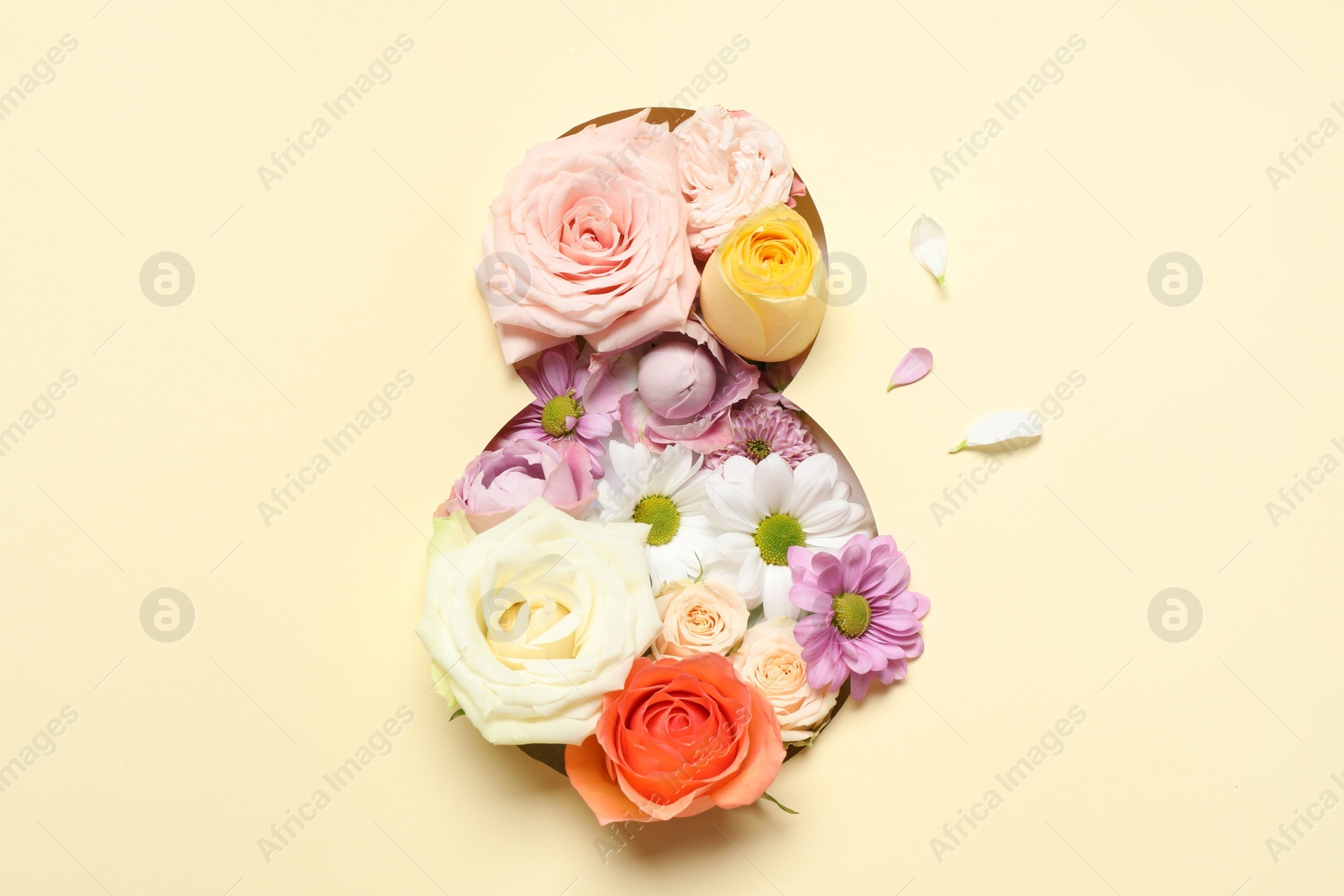 Photo of 8 March greeting card design with flowers, top view. Happy International Women's Day