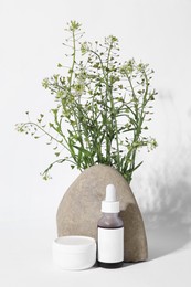 Photo of Cosmetic products, stone and bunch of camelina sativa on white background
