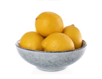 Ripe lemons in bowl on white background