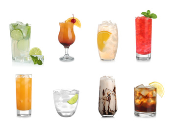 Set of different delicious cocktails with ice cubes on white background