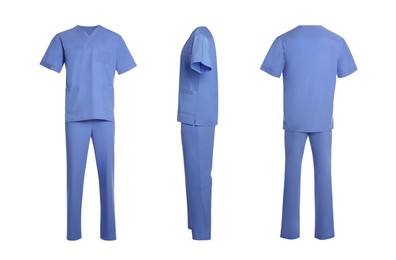 Image of Blue medical uniform isolated on white, collage with back, side and front views