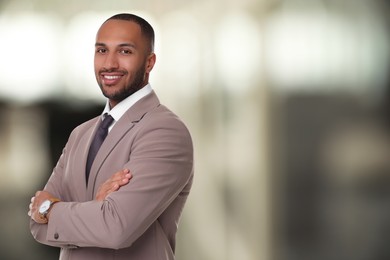 Image of Lawyer, consultant, business owner. Confident man smiling indoors, space for text