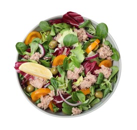 Photo of Bowl of delicious salad with canned tuna and vegetables on white background, top view