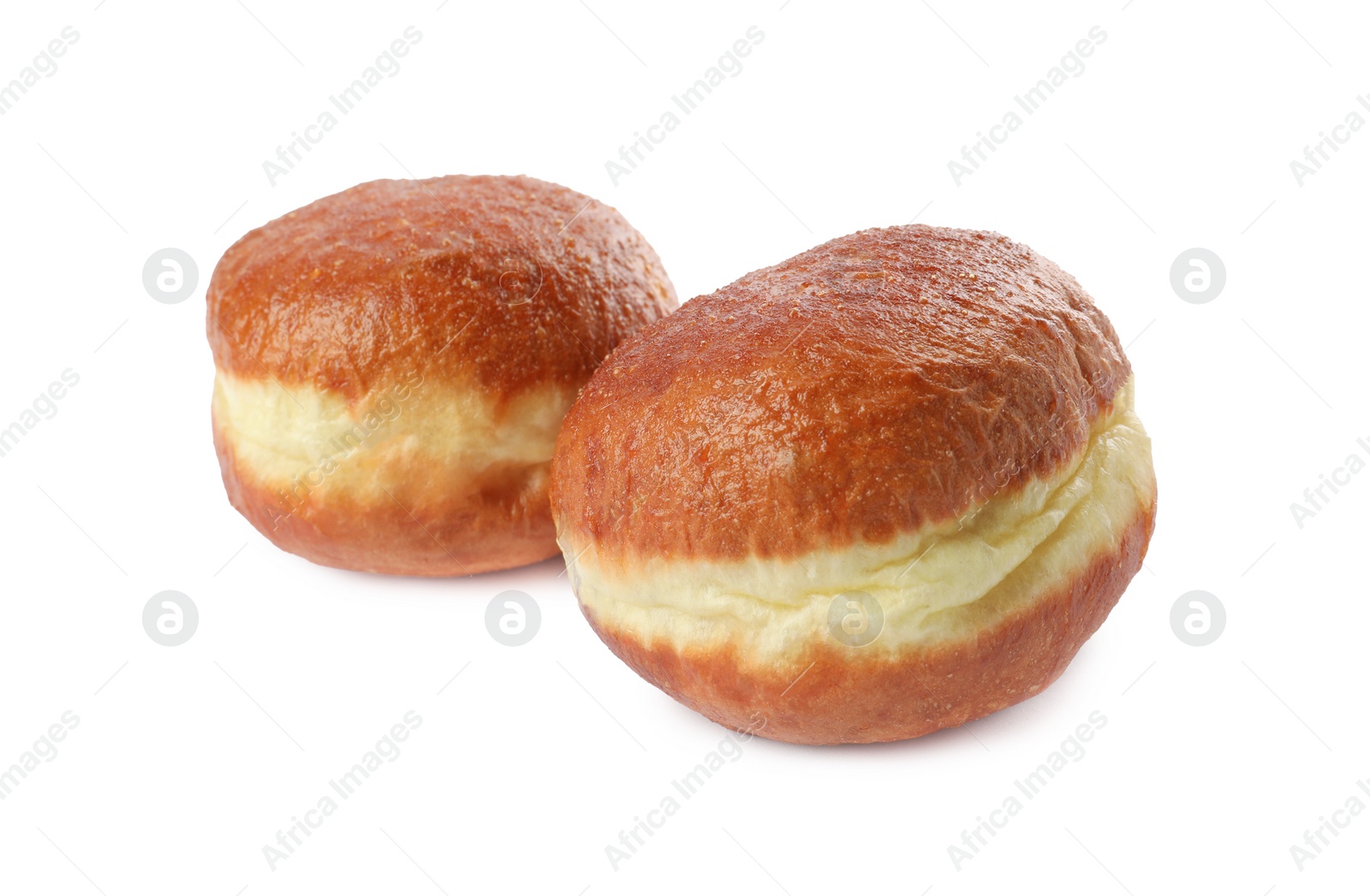 Photo of Tasty sweet donuts isolated on white. Fresh pastries