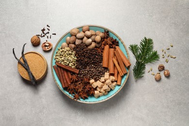 Different spices with nuts in bowls and fir branch on light gray textured table, flat lay