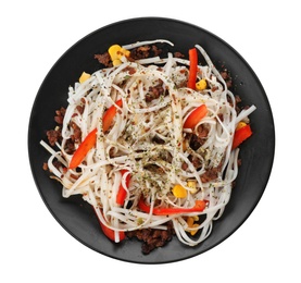 Photo of Plate with rice noodles, meat and vegetables on white background, top view