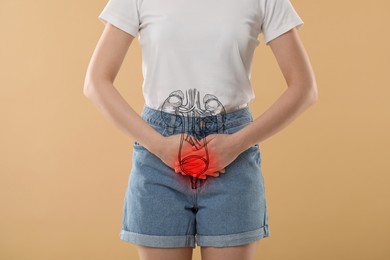 Image of Woman suffering from cystitis on beige background, closeup. Illustration of urinary system