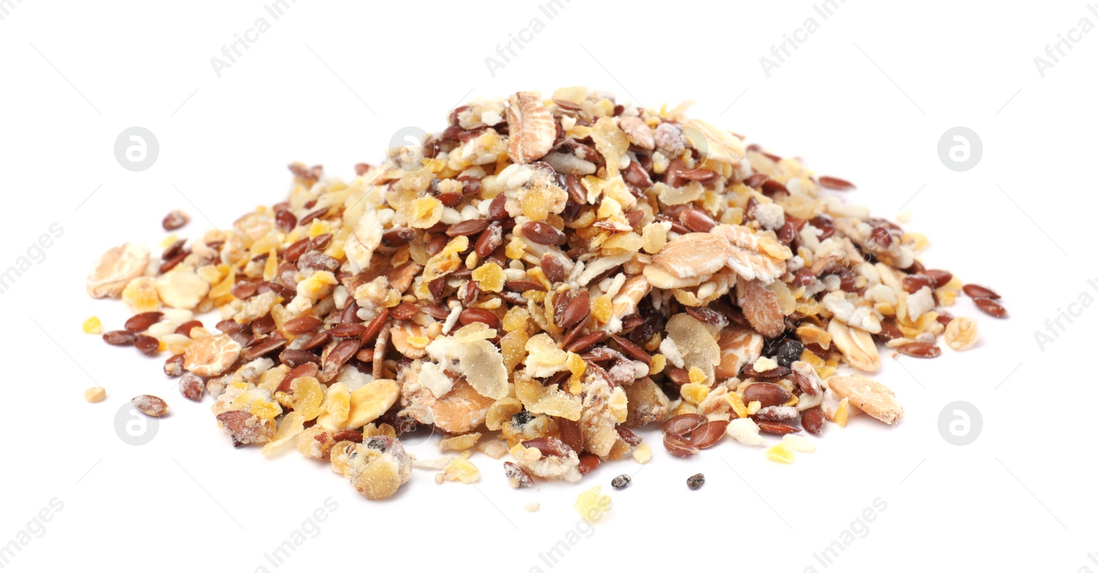 Photo of Pile of granola on white background. Healthy snack